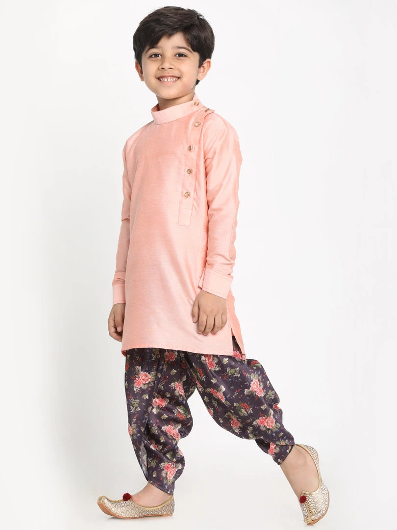 JBN Creation Boys Rose Pink Angrakha Kurta Floral Printed Dhoti Set 4 JBN Creation Boys Rose Pink Angrakha Kurta Floral Printed Dhoti Set