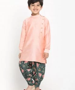 JBN Creation Boys Rose Pink Angrakha Kurta Floral Printed Dhoti Set