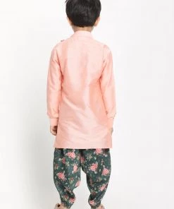 JBN Creation Boys Rose Pink Angrakha Kurta Floral Printed Dhoti Set