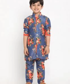 JBN Creation Boys Floral Printed Blue Kurta Pyjama Set With Laharia Border