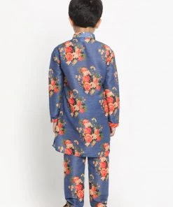 JBN Creation Boys Floral Printed Blue Kurta Pyjama Set With Laharia Border