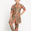 JBN Creation Boys Floral Printed Beige Kurta Pyjama Set With Laharia Border