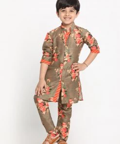 JBN Creation Boys Floral Printed Beige Kurta Pyjama Set With Laharia Border