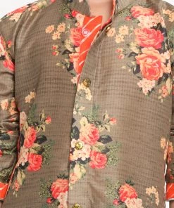 JBN Creation Boys Floral Printed Beige Kurta Pyjama Set With Laharia Border