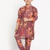 JBN Creation Boys Floral Printed Wine Kurta Pyjama Set With Laharia Border