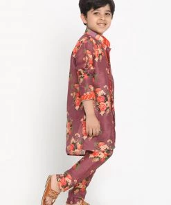 JBN Creation Boys Floral Printed Wine Kurta Pyjama Set With Laharia Border