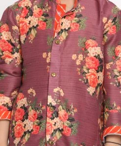 JBN Creation Boys Floral Printed Wine Kurta Pyjama Set With Laharia Border