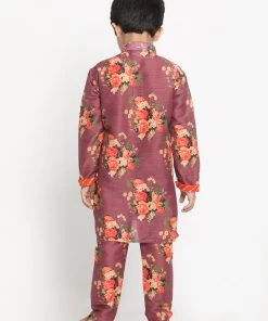JBN Creation Boys Floral Printed Wine Kurta Pyjama Set With Laharia Border