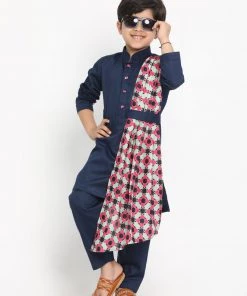 JBN Creation Printed Dupatta Attached With A Belt Navy Blue Kurta And Pyjama Set