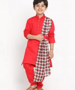 JBN Creation Printed Dupatta Attached With A Belt Red Kurta And Pyjama Set Boys