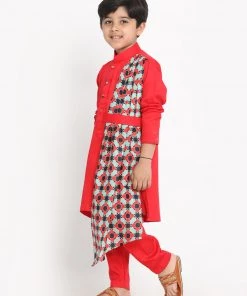JBN Creation Printed Dupatta Attached With A Belt Red Kurta And Pyjama Set Boys