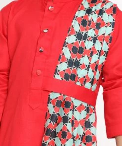 JBN Creation Printed Dupatta Attached With A Belt Red Kurta And Pyjama Set Boys