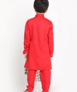 JBN Creation Printed Dupatta Attached With A Belt Red Kurta And Pyjama Set Boys
