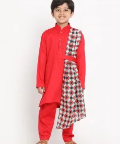 JBN Creation Printed Dupatta Attached With A Belt Red Kurta And Pyjama Set Boys