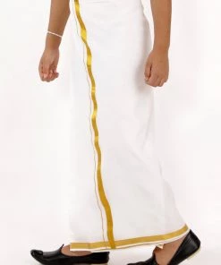 VASTRAMAY Boys' White And Gold Mundu