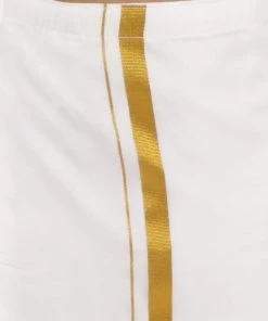 VASTRAMAY Boys' White And Gold Mundu