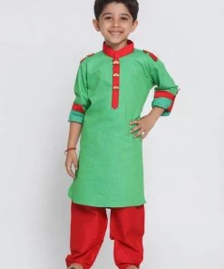 JBN Creation Boys Green Cotton Pathani Suit Set