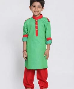 JBN Creation Boys Green Cotton Pathani Suit Set