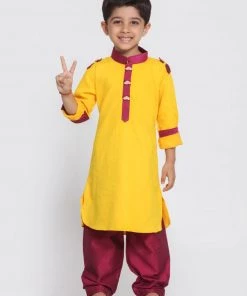 JBN Creation Boy's Yellow Cotton Pathani Suit