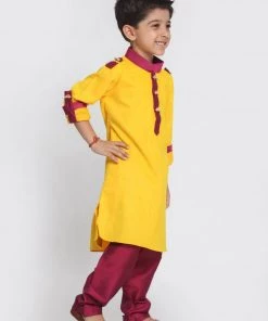 JBN Creation Boy's Yellow Cotton Pathani Suit