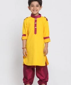 JBN Creation Boy's Yellow Cotton Pathani Suit