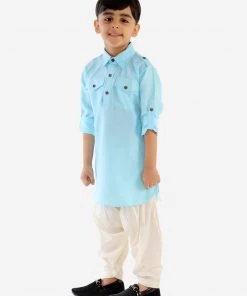 JBN Creation Boy's Blue Cotton Blend Pathani Suit Set Boys