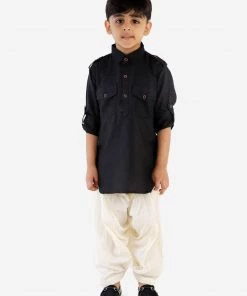 JBN Creation Boy's Black Cotton Blend Pathani Suit Set Men