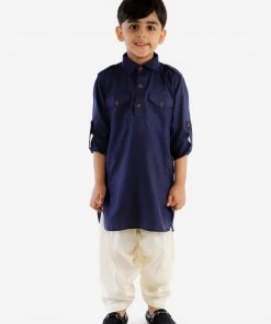 JBN Creation Boys Navy Blue Cotton Blend Pathani Suit Set