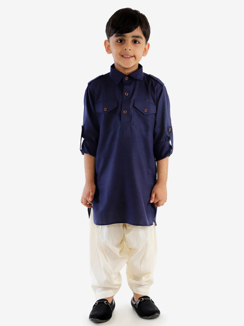 JBN Creation Boys Navy Blue Cotton Blend Pathani Suit Set 3 JBN Creation Boys Navy Blue Cotton Blend Pathani Suit Set