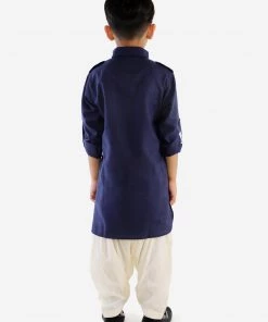 JBN Creation Boys Navy Blue Cotton Blend Pathani Suit Set