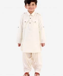 JBN Creation Boys Cream Cotton Blend Pathani Suit Set