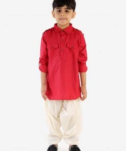 JBN Creation Boys Maroon Cotton Blend Pathani Suit Set