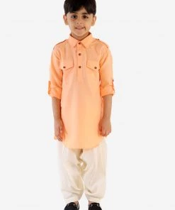 JBN Creation Boys Peach Cotton Blend Pathani Suit Set