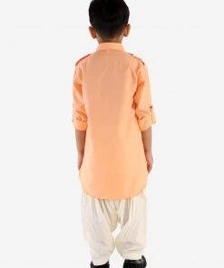 JBN Creation Boys Peach Cotton Blend Pathani Suit Set