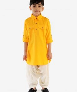 JBN Creation Boys Yellow Cotton Blend Pathani Suit Set