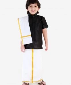 JBN Creation Boys Black & White Silk Blend Shirt Mundu And Dupatta