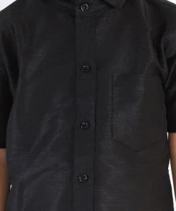 JBN Creation Boys Black & White Silk Blend Shirt Mundu And Dupatta