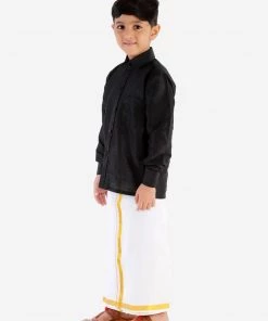 JBN Creation Boy's Black & White Solid Shirt With Dhoti