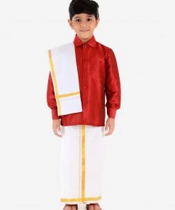 JBN Creation Boys Maroon & White Shirt With Dhoti Pants