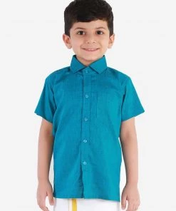 Vastramay Turquoise Cotton Blend Baap Beta Ethnic Shirt