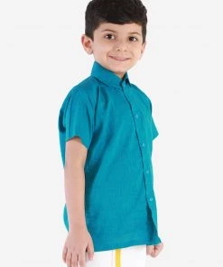 JBN Creation Boys' Azure Blue Cotton Short Sleeves Ethnic Shirt