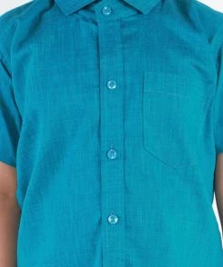 JBN Creation Boys' Azure Blue Cotton Short Sleeves Ethnic Shirt