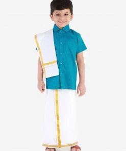 JBN Creation Boys' Azure Blue Cotton Short Sleeves Ethnic Shirt Mundu Vesty Style Dhoti Pant Set