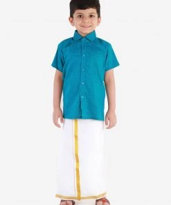 Vastramay Turquoise And White Cotton Blend Baap Beta Ethnic Shirt And Mundu Set Shirt Mundu Set