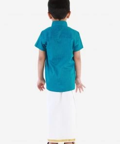 Vastramay Turquoise And White Cotton Blend Baap Beta Ethnic Shirt And Mundu Set Shirt Mundu Set