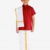 JBN Creation Boys' Cherry Maroon Cotton Short Sleeves Ethnic Shirt Mundu Vesty Style Dhoti Pant Set
