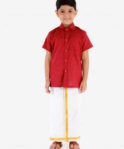 JBN Creation Boys' Cherry Maroon Cotton Short Sleeves Ethnic Shirt Mundu Vesty Style Dhoti Pant Set