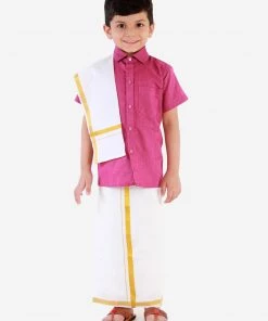 Boys JBN Creation Boy's Purple Shirt With White Mundu
