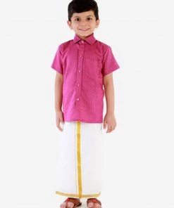 Boys JBN Creation Boy's Purple Shirt With White Mundu