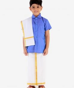 JBN Creation Boys' Teal Blue Cotton Short Sleeves Ethnic Shirt Mundu Vesty Style Dhoti Pant Set